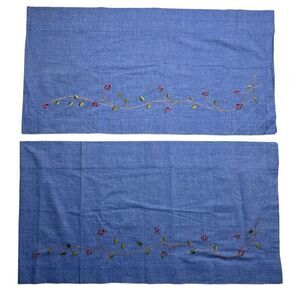 VTG‎ Sears Window Valance Set Of 2 Blue Floral Embroidered 60"x16" Rod Pocket